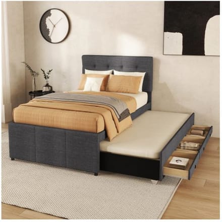 Uitschuifbaar bed - MUVOE - 90x200cm - Verstelbaar hoofdbord - 3 opberglades - Grijs grijs