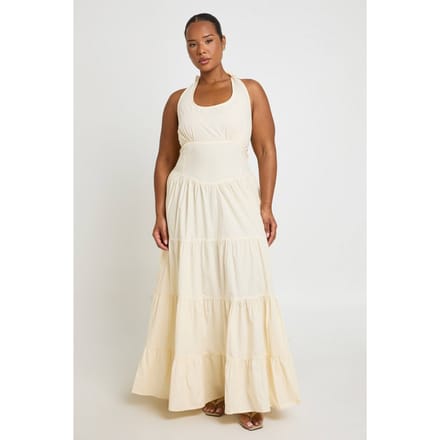 boohoo Dames Plus Halterneck Poplin Maxi Jurk | Citroen | Maat: 44