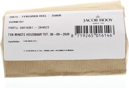 Jacob Hooy Fenegriekzaad heel 250 Gram