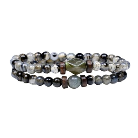 Marama - armbanden set Venice Grey - herenarmband - edelsteen Labradoriet en Maansteen - set van 2 - elastisch