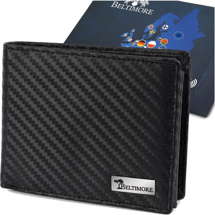 Heren Portemonnee Leer Klassiek Rfid Groot Zwart Carbon Premium Beltimore