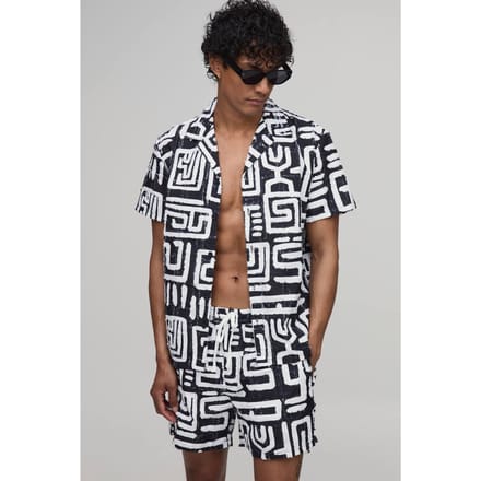 Getextureerd Geometrisch Bedrukt Regular Shirt & Relaxed Short Set | Black | Size XL