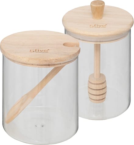 Five suiker- en honingpot set - 400 ml - glas/bamboe - transparant - inclusief lepel