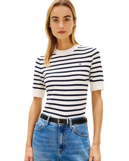 Tommy Hilfiger Co Jersey Fine Pullover Ivory Petal/dark N Navy Stp Maat: M | Sweaters Outlet | Dames | Wit