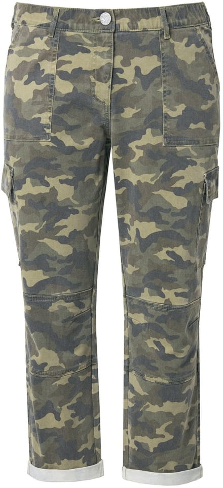 Ulla Popken - Dames - Boyfriend broek camouflage gerafelde zoom elastisch twill - Olijfgrijs - Maat 62