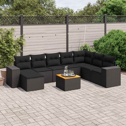 vidaXL - 9-delige - Loungeset - met - kussens - poly - rattan - zwart