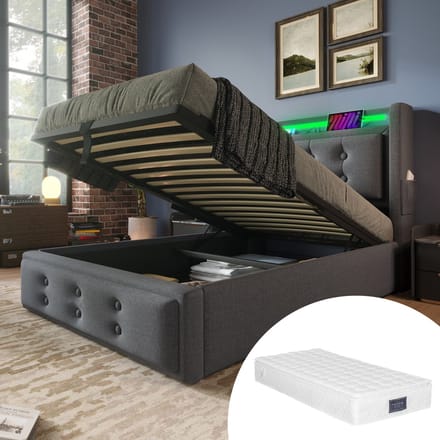 REDOM gestoffeerd eenpersoonsbed 90x200 cm – Katoenlinnen grijs – LED, USB/Type-C – Incl. matras
