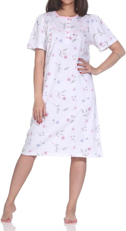 Normann Dames Nachthemd korte mouw – Romantisch bloemendesign, knoopsluiting bij de hals