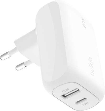 Belkin BOOSTCHARGEª 42w - 30w USB-C PD PPS + 12w USB-A Dual Wall Charger White