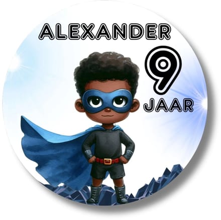 Gepersonaliseerde traktatiestickers superheld – Set van 20 – met naam en leeftijd