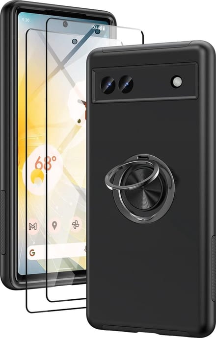 Casemania Hoesje Geschikt voor Google Pixel 6A - Zwart + 2X Glazen Screenprotector - Anti-Shock Creative Kickstand Case