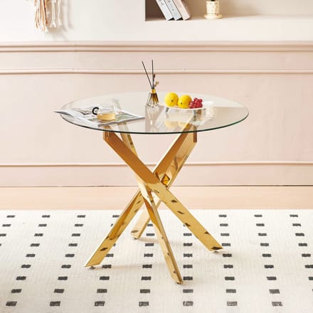 MODFU Eettafel - Glazen Blad En Metalen Poten - Stabiele Constructie - Moderne Stijl - Goudkleurig