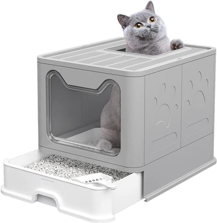 PIPIPOXER Opvouwbare kattenbak -met uitschuifbare bak Kattenbak -met schepje Draagbare dubbele deur-Grijs