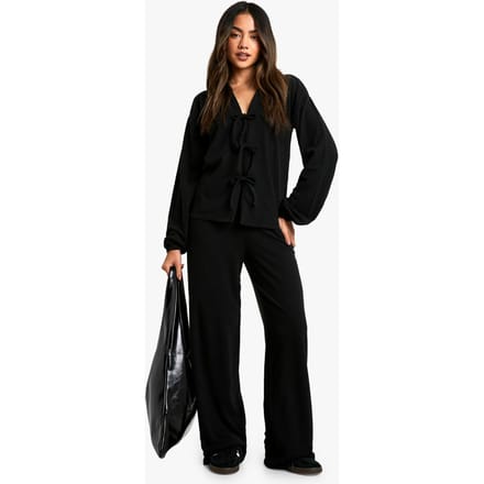 boohoo Dames Rib Tie Front Blouse en Broek Co-ord | Black | Maat: 6