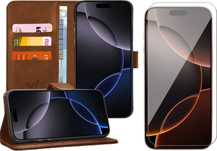Hoesje geschikt voor iPhone 16 Pro Max - Screenprotector Glas - Portemonnee Book Case Bruin