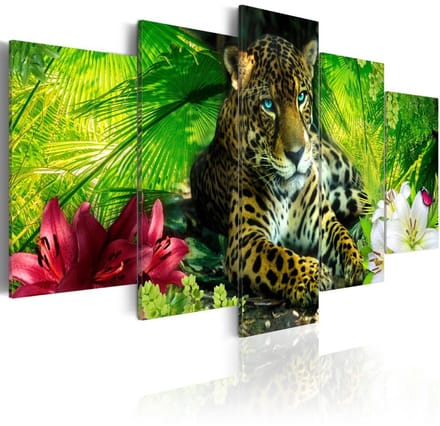 Schilderij - Jaguar tussen de bladeren , 5 luik