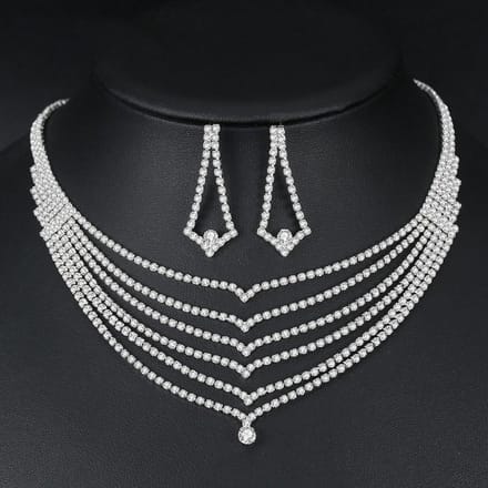 Mode Persoonlijkheid, Bruidsaccessoires Elegante Glanzende Strass Oorbellen Oorbellen Ketting Set zilver