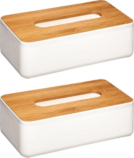 Zakdoekhouders/tissueboxen - 2x stuks - 26 x 13 cm - wit - bamboe deksel - kunststof