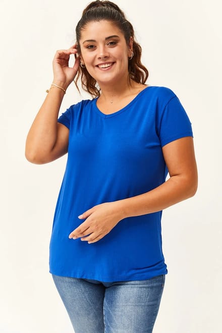 Dames XL V-Hals Basic Kortemouw T-Shirt, Blauw