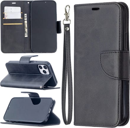 MobyDefend Hoesje - Geschikt voor iPhone 12 / iPhone 12 Pro - Wallet Book Case Met Koord - Zwart