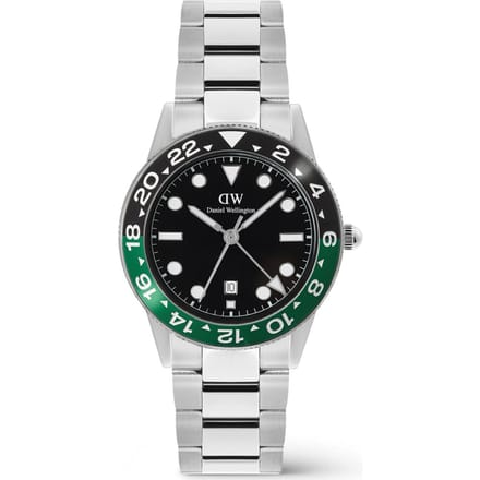 Daniel Wellington DW Watch Iconic GMT Link Black Green Ceramic Bezel Silver 40mm