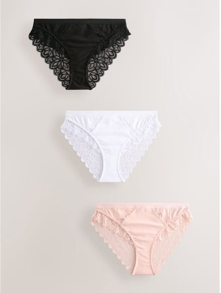 Next - Dames - Set van 3 hoog opgesneden katoenen slips met kant - Zwart