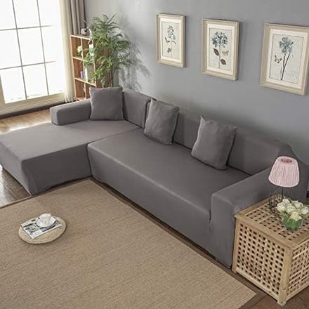 Elastische Hoekbankhoes voor 3 + 2 Zits Sofa met Eiland, Links/Rechts, Gemakkelijk te Reinigen, Grijs Polyester