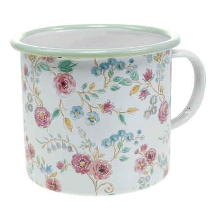 Plantbeker voor rozen, decoratieve beker van emaille met handvat, wit,