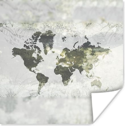 Muurdecoratie - Wereldkaart - Bloem - Grijs - 50x50 cm - Poster