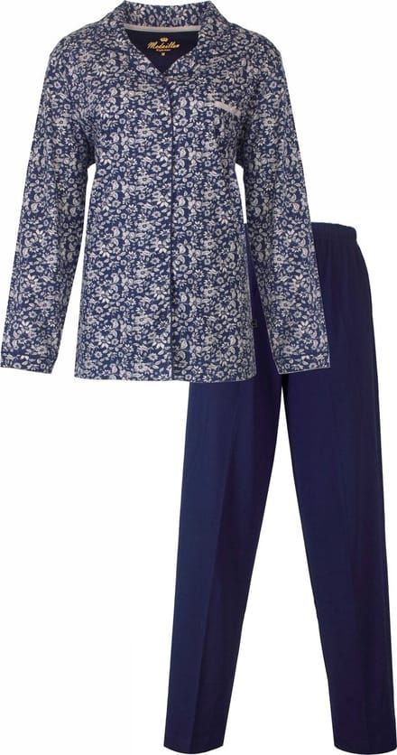 Medaillon Dames Pyjama - Doorknoop - Lange Mouwen - Blauw - Maat S