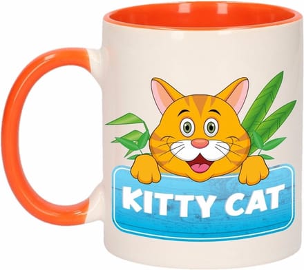 Kitty Cat mok - oranje/wit - keramiek - 300 ml - kinder beker kat