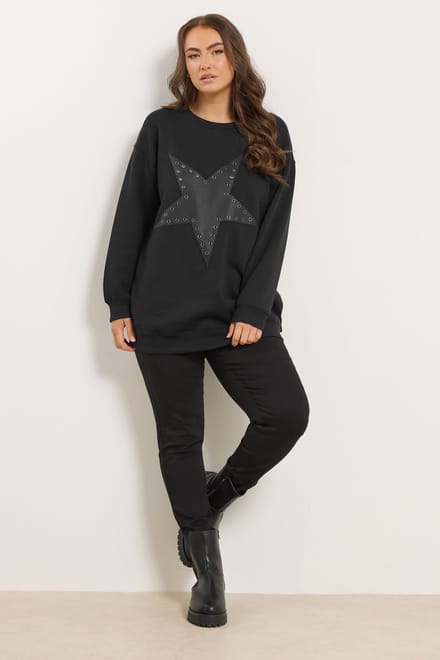 Yours Zwart Kunstleren Ster Oogjes Sweatshirt Size 48