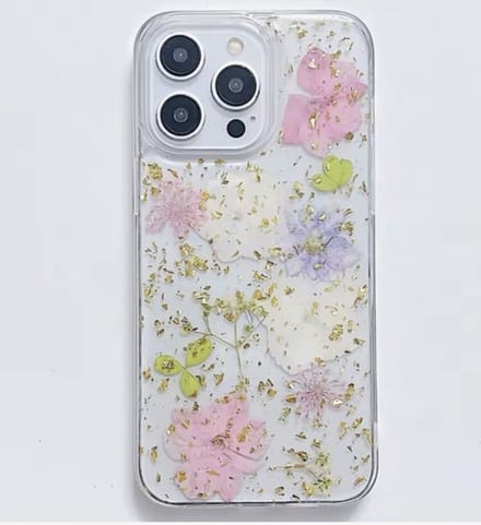 Iphonehoesje met echte gedroogde bloemen (roze, blauw, wit) geschikt voor Iphone 16 (standaardmodel)