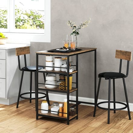 Sweiko Bartafel set - 3-delig - Tafel + 2 stoel - 3 plank - MDF + metalen frame - Zwart + bruin