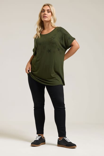 Yours Khaki Groen Sterrenprint Tshirt Met Aangeknipte Mouwen Size 50-52
