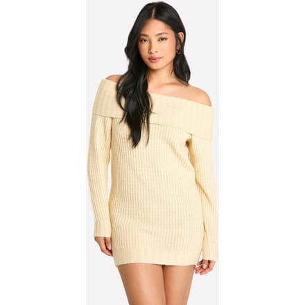 boohoo Dames Petite Wide Rib Bardot Halslijn Mini Jumper Jurk | Steen | Maat: Medium