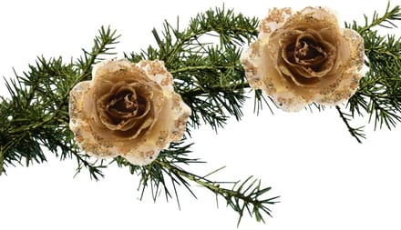 Kerstboomversiering Bloem - 2x stuks - 14 cm - goud - op clip - ornament - roos