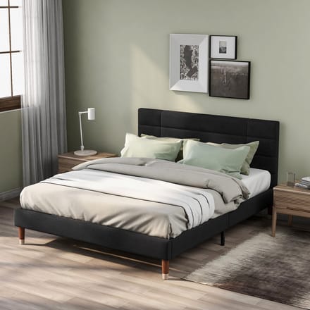 MODFU - Ledikant 140x200 cm – Gestoffeerd linnen – Met matras – 7-zones – Zwart
