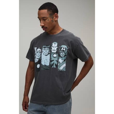 Oversized Gewassen Avengers Print T-shirt | Washed Charcoal | Size Medium