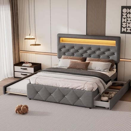 Tweepersoons gestoffeerd bed met uitschuifbed en lichtstrip - 140 x 200 cm