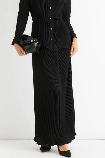 Zwarte plissé maxi-rok met elastische tailleband