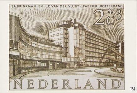 Briefkaart met afbeelding fabrieksgebouw te Rotterdam postzegel