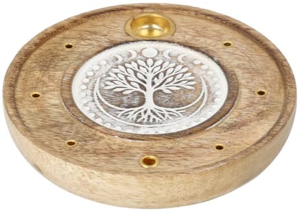 Ronde Wierookhouder Levensboom Mangohout Whitewash - Ø10 cm