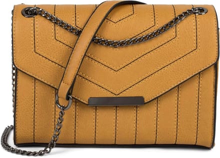 Dames Schoudertas met Decoratieve Stiksels en Ketting - Trendy Handtas in Curry