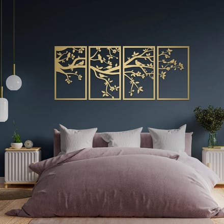 Metalen Wanddecoratie Levensboom Panelen – 3D Wandkunst – Goud – 98 x 250 cm – Set van 4