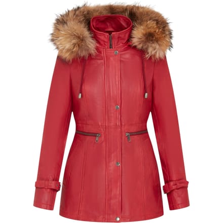 Dames rode warme leren parka met capuchon - Northwich