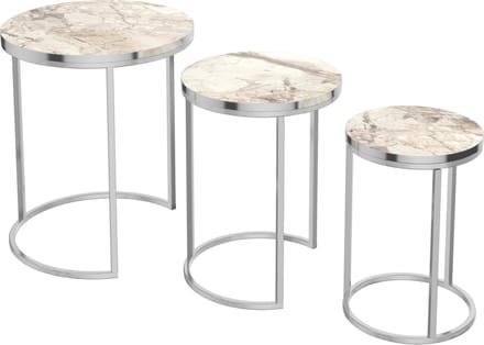 Bijzettafel Bornholm set van 3 rond marmer wit en zilverkleurig