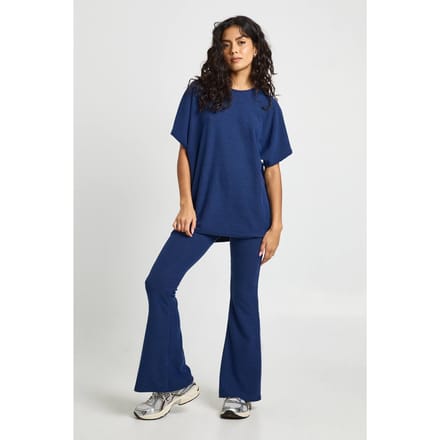 boohoo Dames Tweekleurige Geribbelde Wijd Uitlopende Legging & Top Set | Navy | Maat: 6