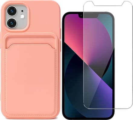 Hoesje Pasjeshouder geschikt voor iPhone 12 Mini Roze - Siliconen Case Back Cover + Screenprotector Glas