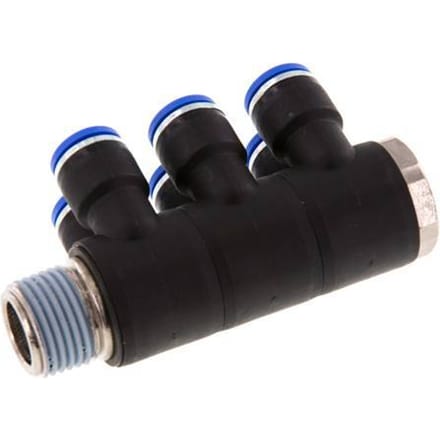 10mm x R1/2'' 6-way Manifold Messing/PA 66 Insteekfitting Buitendraad Draaibaar NBR